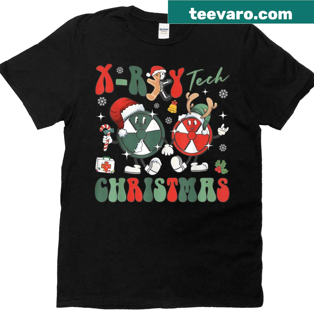 Festive T-shirt for radiology professionals featuring Christmas-themed graphics — on a men's t-shirt