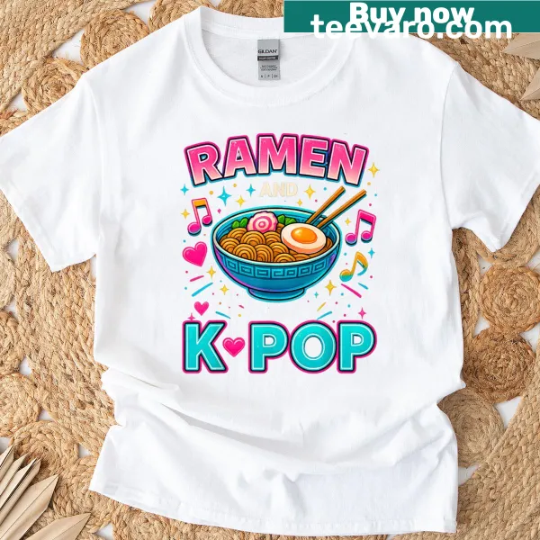Cute girl graphic combining ramen and K-pop elements.