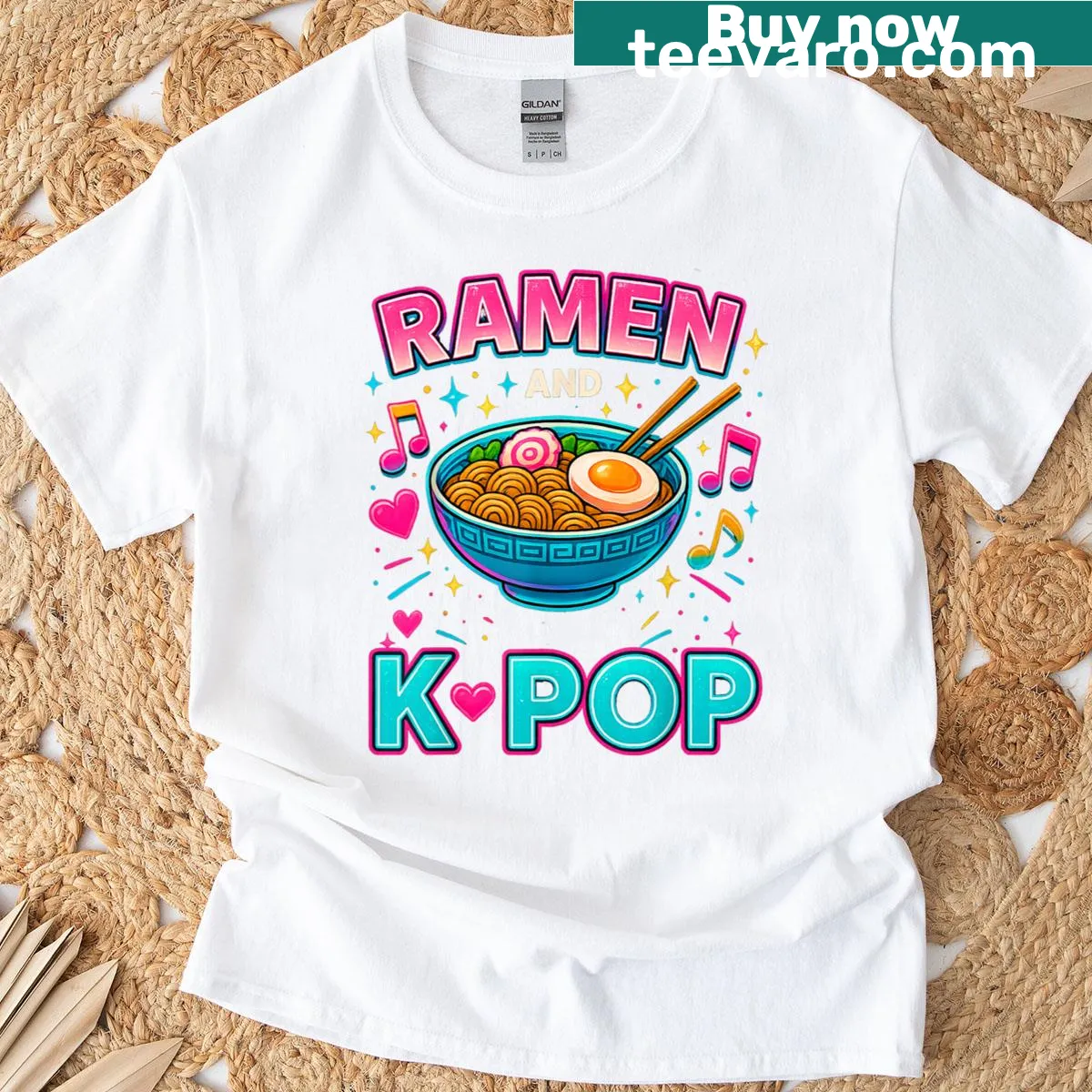 Cute girl graphic combining ramen and K-pop elements. — on a men's t-shirt