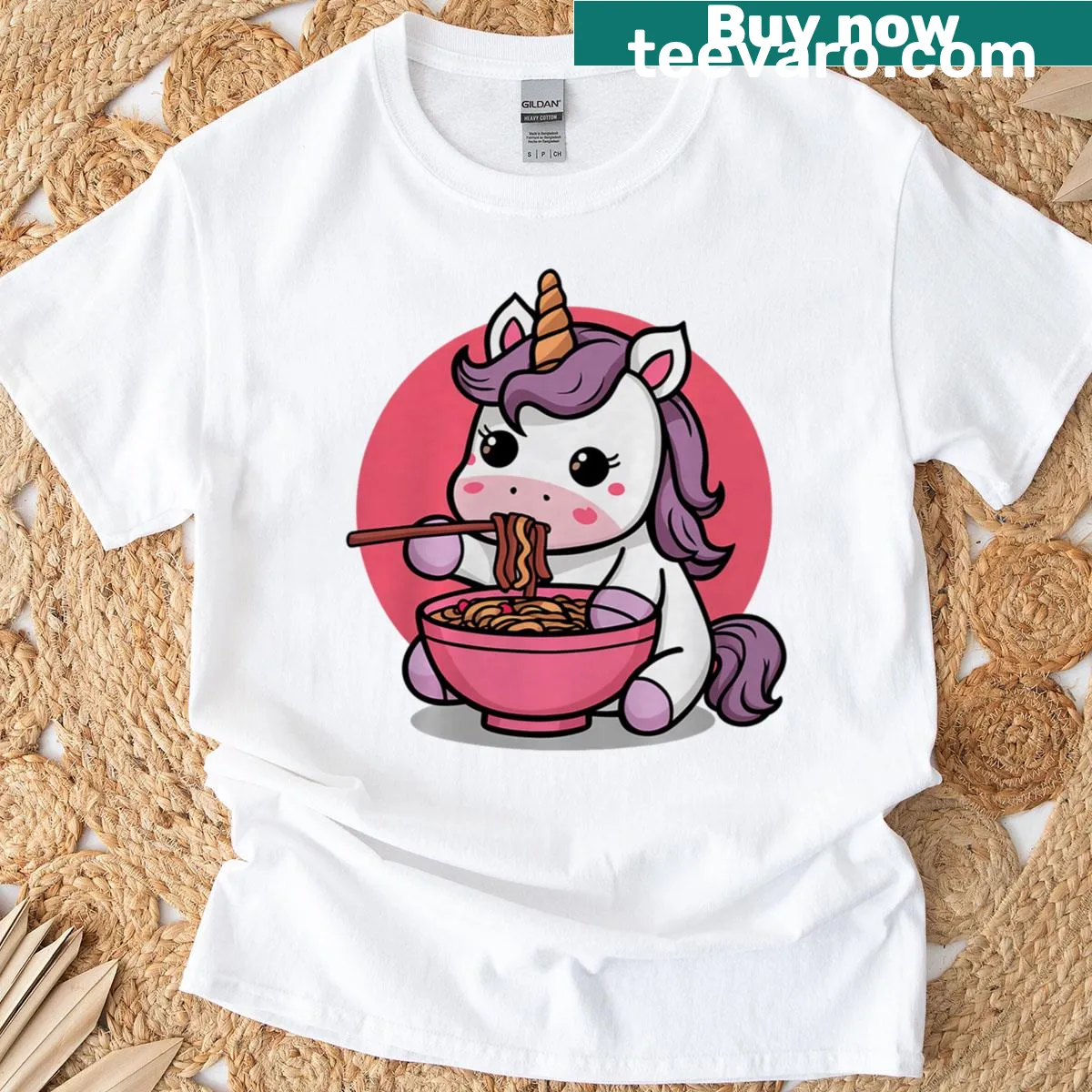 Kawaii unicorn eating ramen graphic on a t-shirt — on a men's t-shirt