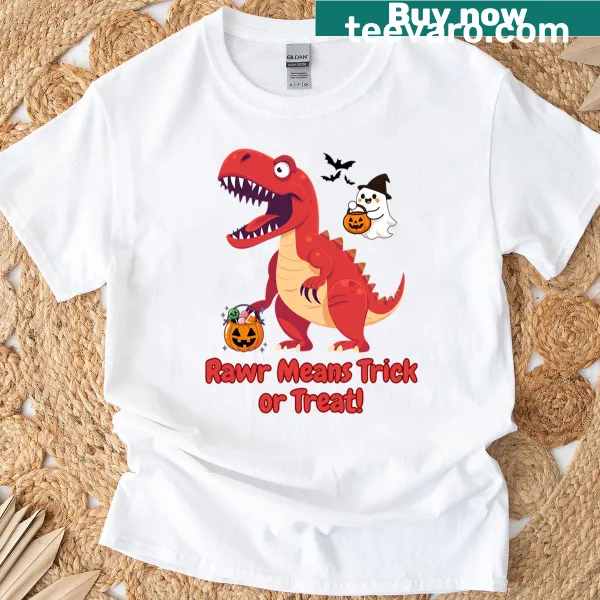 Cartoon dinosaur design saying 'Rawr Means Candy' for Halloween fun
