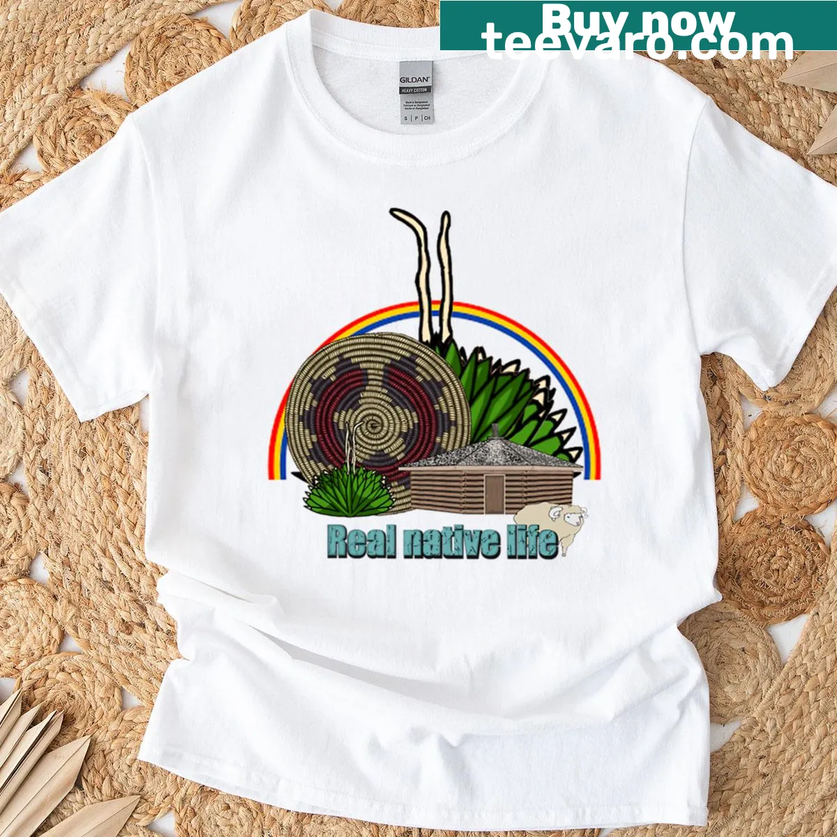 Minimalist design featuring the phrase Real Native Life — on a men's t-shirt
