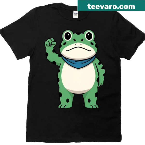 Funny frog graphic on a protest-themed shirt.