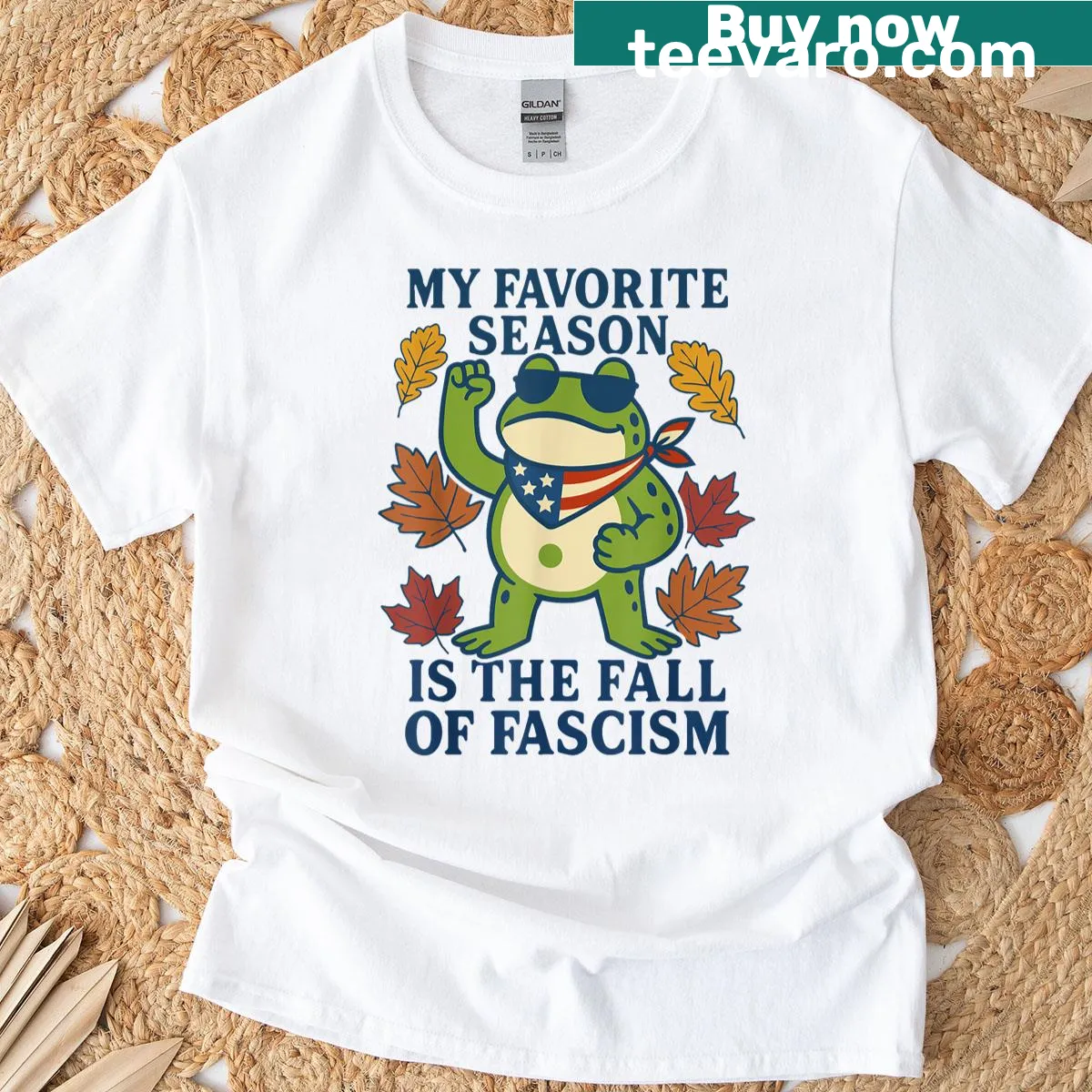 Whimsical frog graphic stating 'Fall of Fascism' on a T-shirt. — on a men's t-shirt