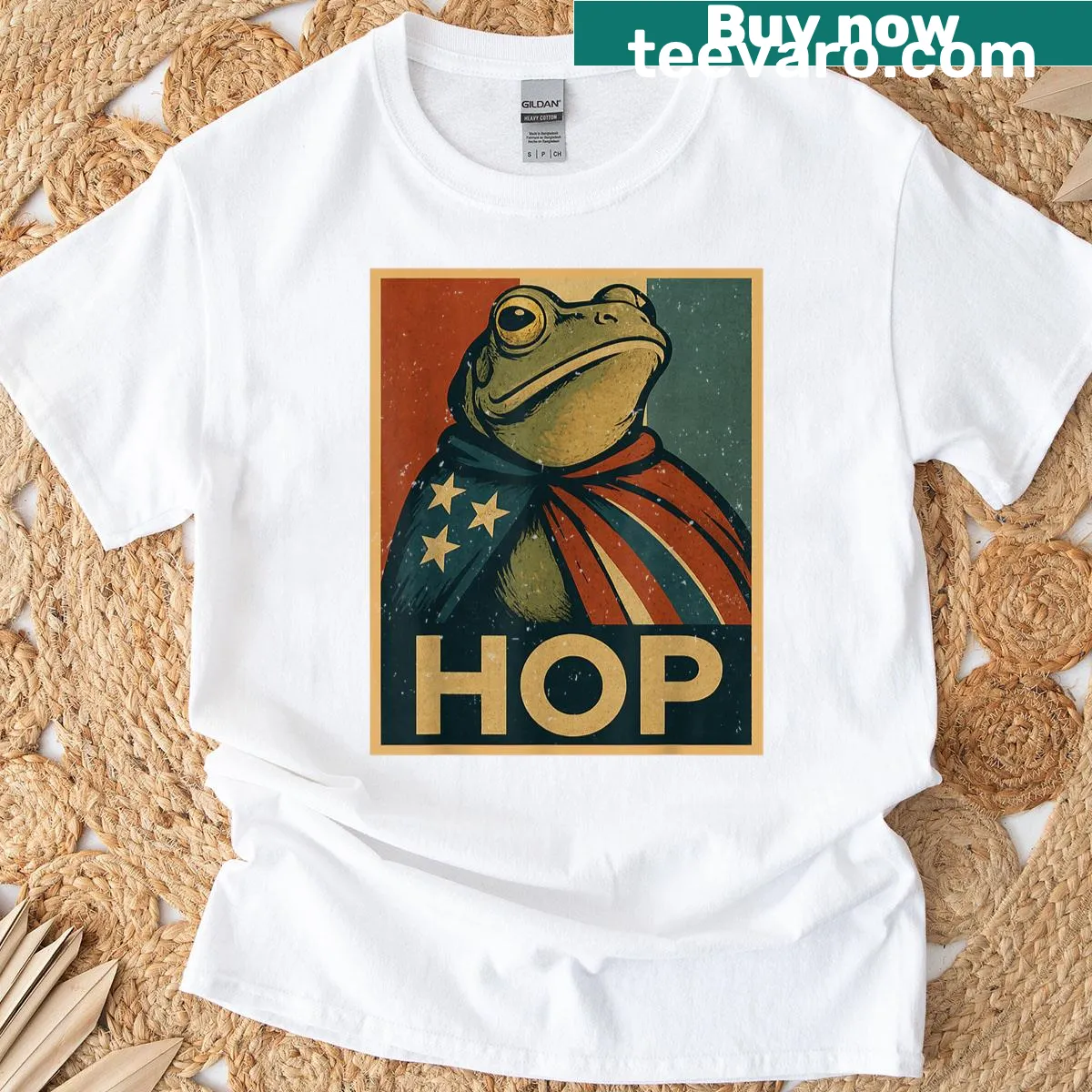 Cartoon frog in mid-hop with protest theme for Portland — on a men's t-shirt