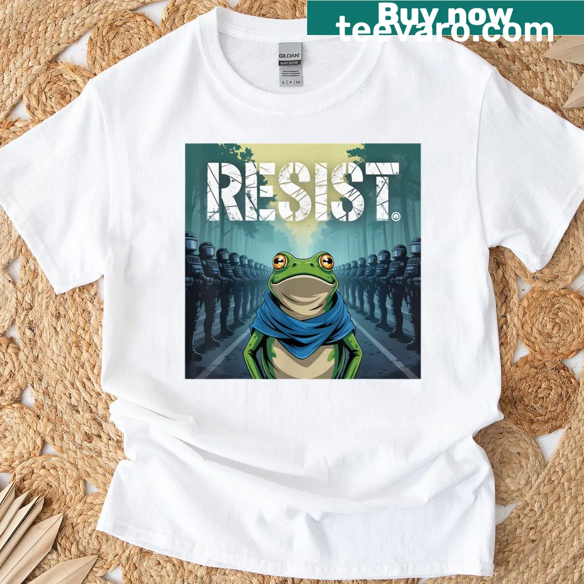Playful frog illustration for protest on a T-shirt. — on a men's t-shirt
