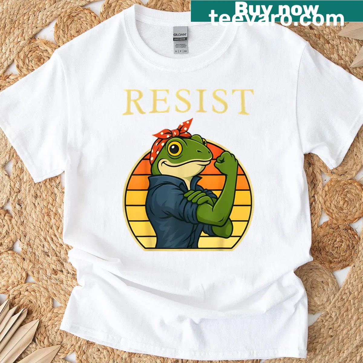 Vintage-style frog graphic in protest pose on T-shirt. — on a men's t-shirt