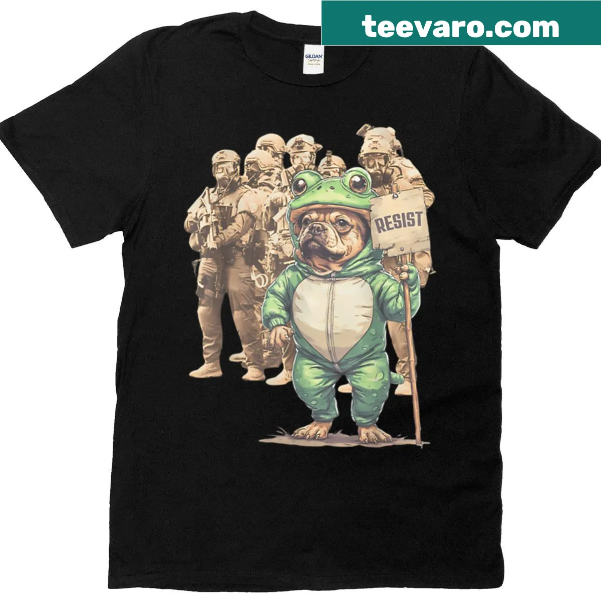 Pug in frog costume graphic on humorous dog-themed t-shirt — on a men's t-shirt