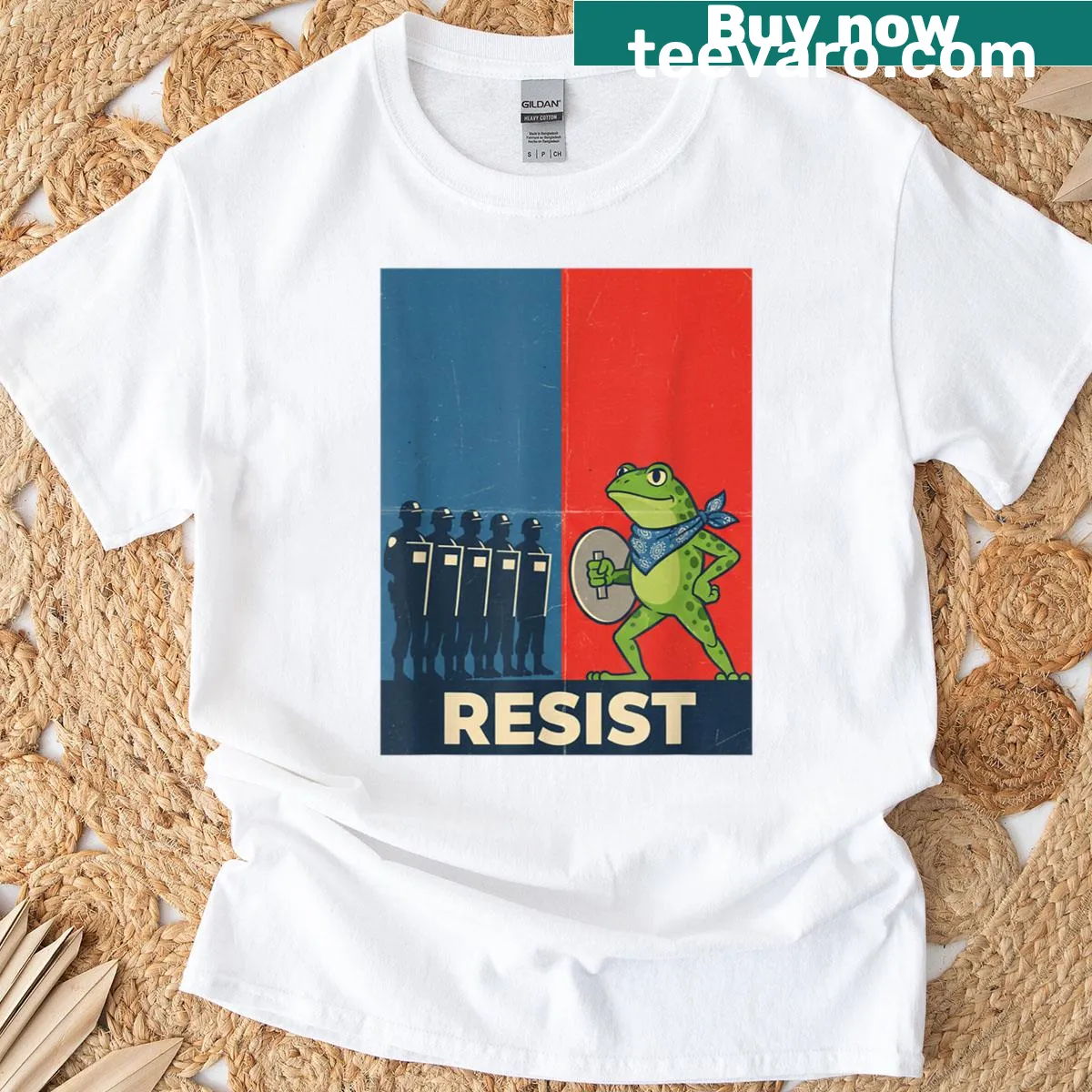 Retro frog design with protest art style on a t-shirt — on a men's t-shirt
