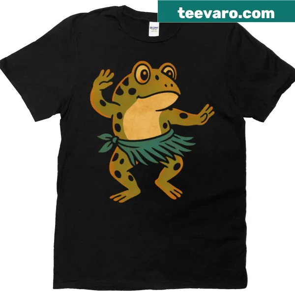 Retro t-shirt with a dancing frog in a hula skirt design.