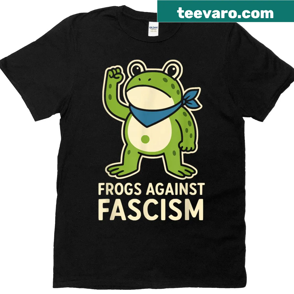 Retro frog graphic against fascism on a protest-themed t-shirt. — on a men's t-shirt