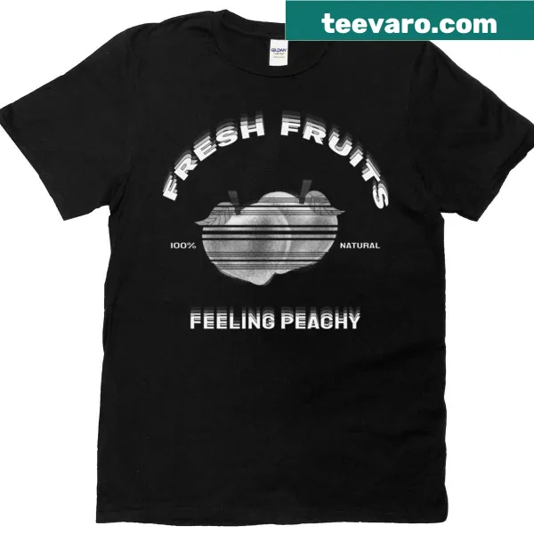 T-shirt featuring a cheerful peach graphic and playful text