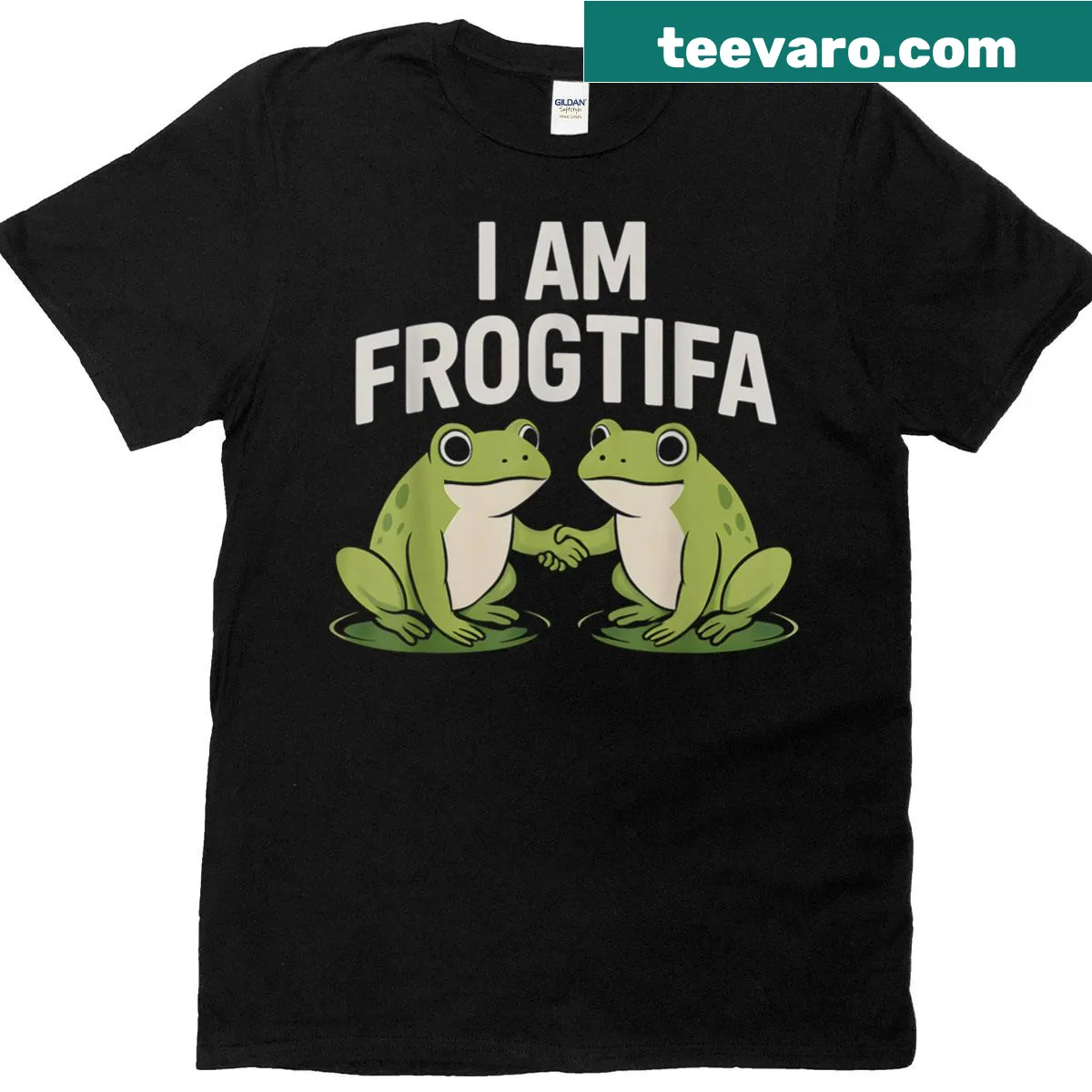Retro Frogtifa meme T-shirt with humorous text — on a men's t-shirt