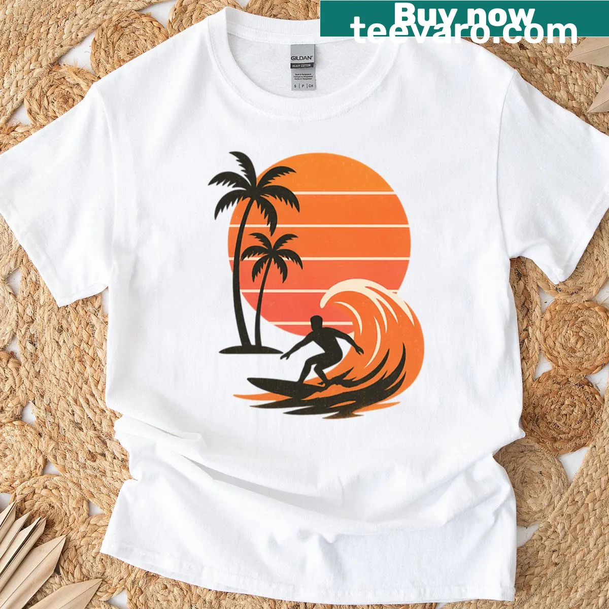 Vintage-style t-shirt featuring a retro sunset and surfing design — on a men's t-shirt