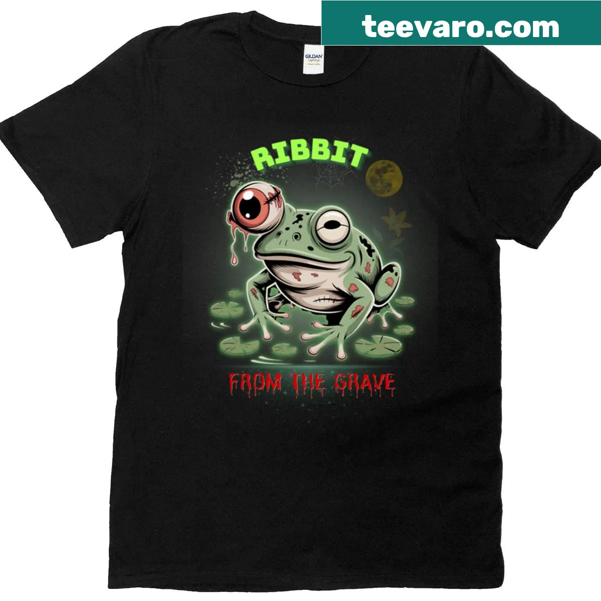 Cartoon design of a zombie frog rising from the grave — on a men's t-shirt