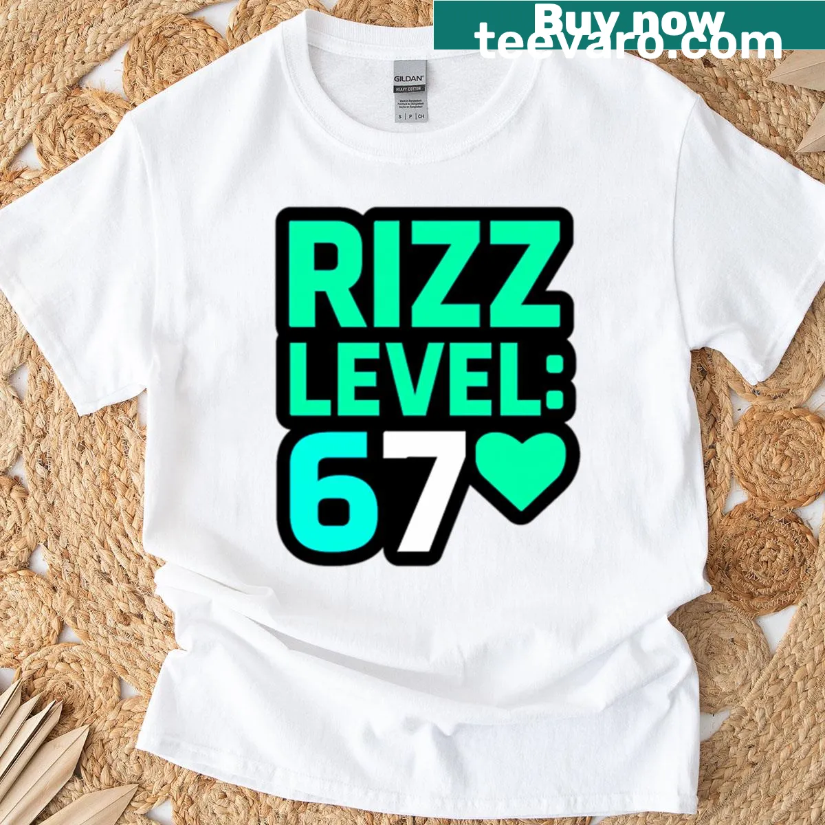 Trendy T-shirt featuring 'Rizz Level 67' meme typography for youth. — on a men's t-shirt