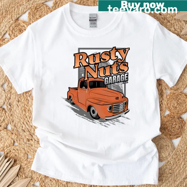 Vintage distressed Rusty Nuts Garage design on a t-shirt