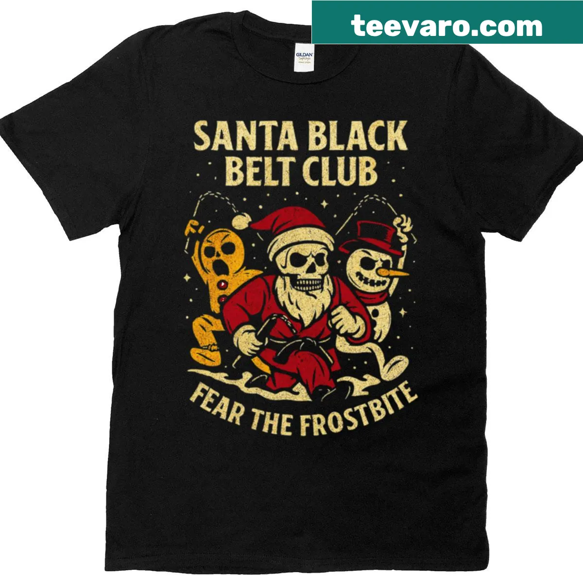 Skeleton Santa dressed in karate uniform t-shirt design — on a men's t-shirt
