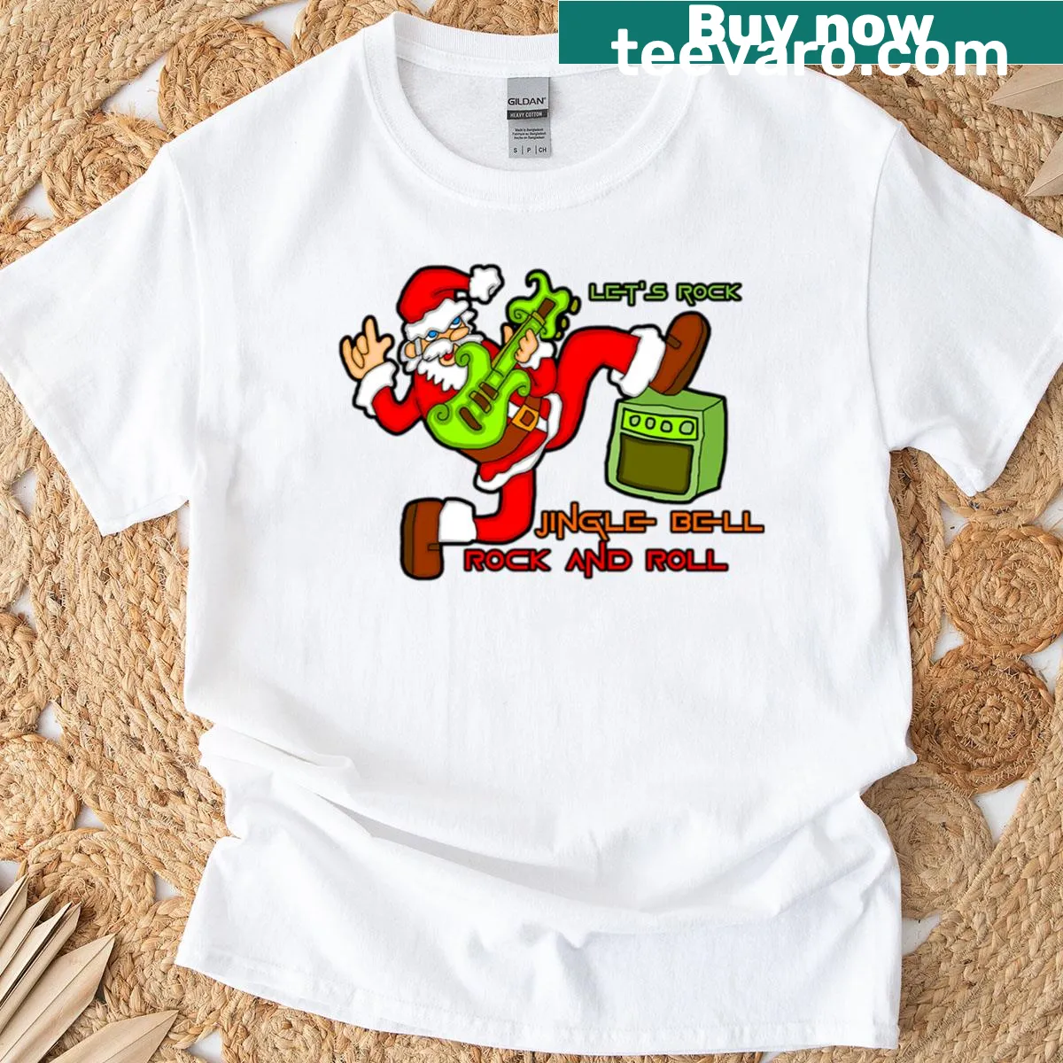 Rock and Roll Santa Claus with guitar on t-shirt — on a men's t-shirt