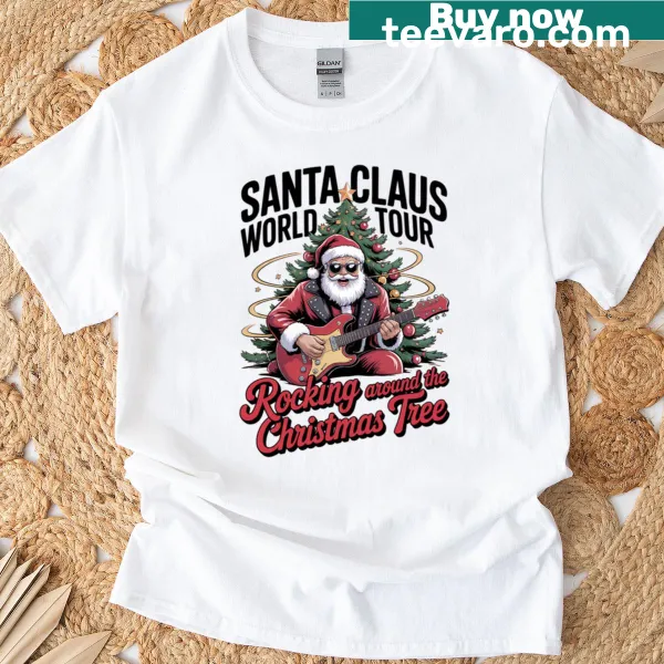 Santa on concert tour graphic on t-shirt