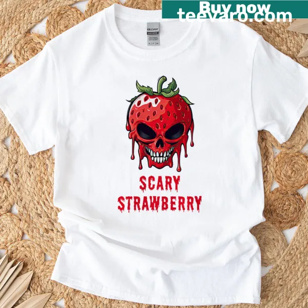 Spooky skull with a strawberry theme graphic on a T-shirt