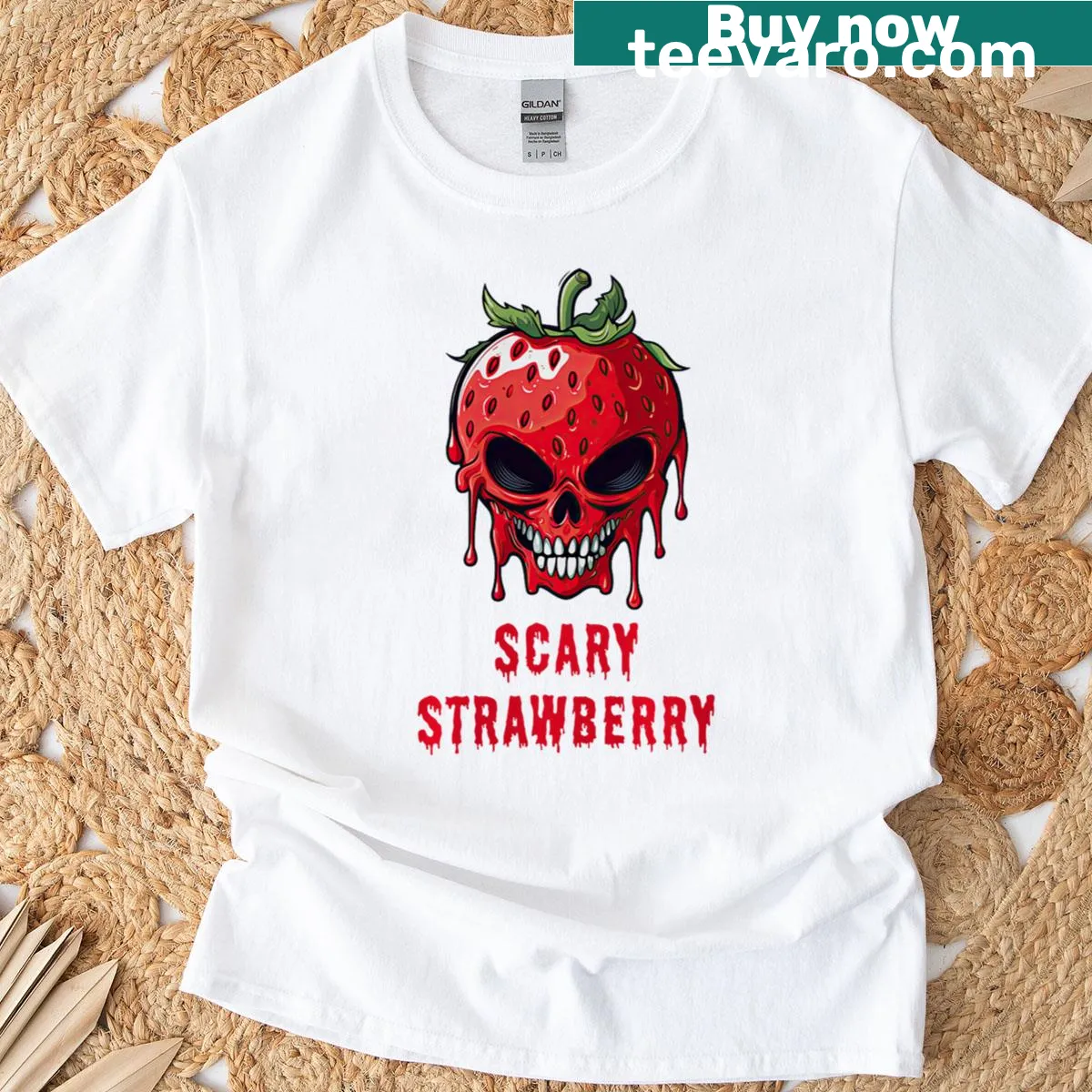 Spooky skull with a strawberry theme graphic on a T-shirt — on a men's t-shirt