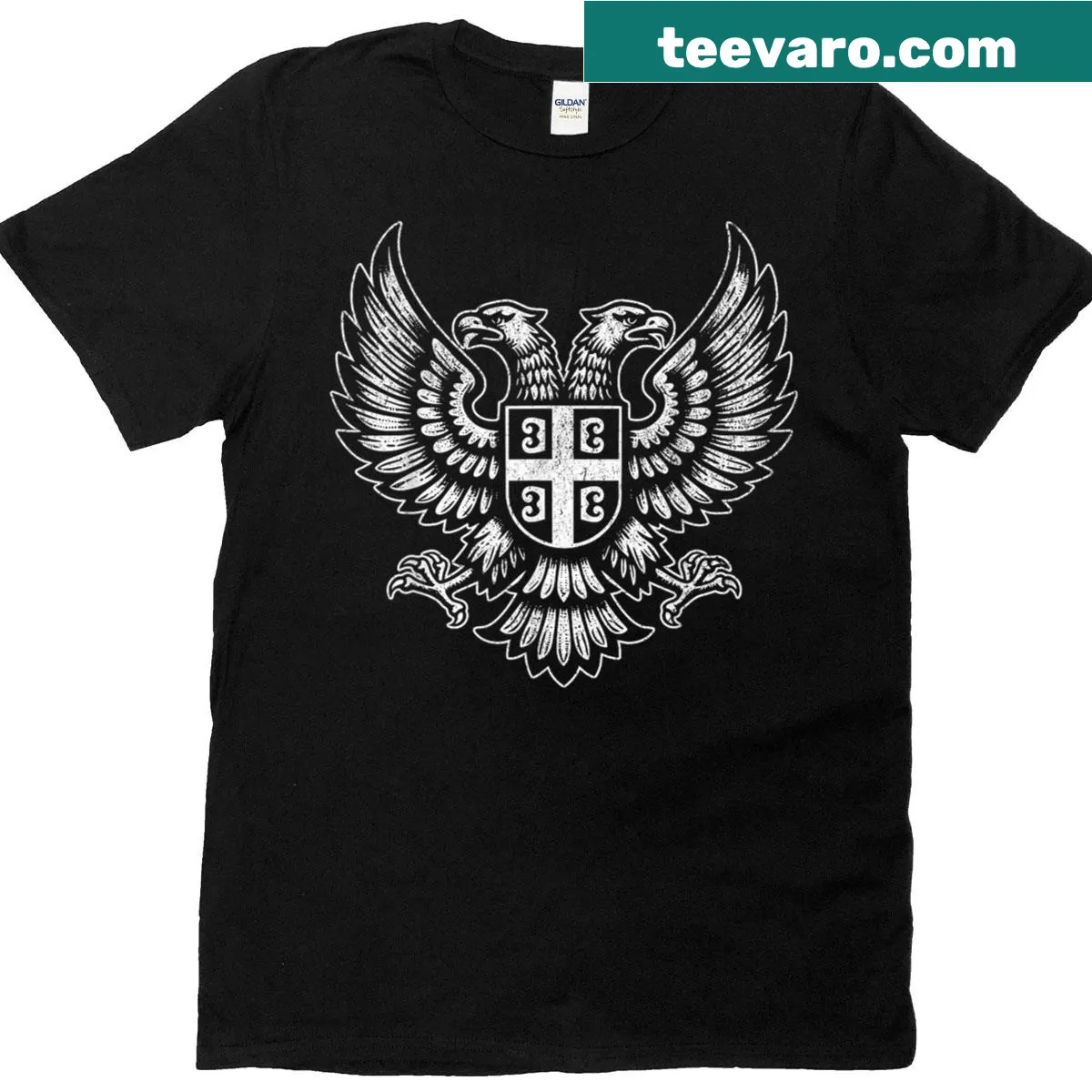 T-shirt featuring a silhouette of the Serbian eagle flag — on a men's t-shirt
