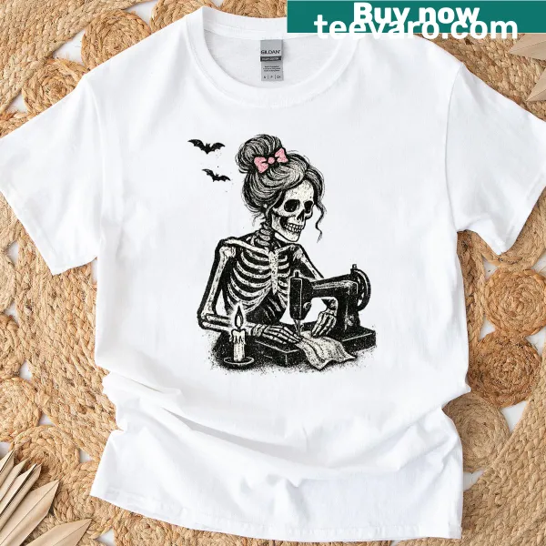 Cute skeleton holding sewing tools on a Halloween t-shirt