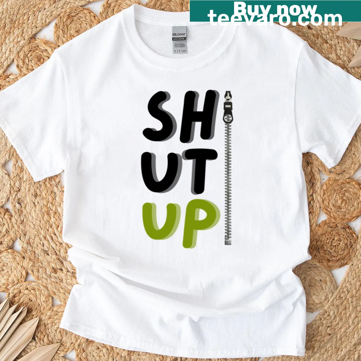 Bold text saying 'Shut Up' on oversized t-shirt — on a men's t-shirt