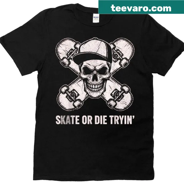 Edgy skull skateboard design on a Halloween-themed t-shirt.