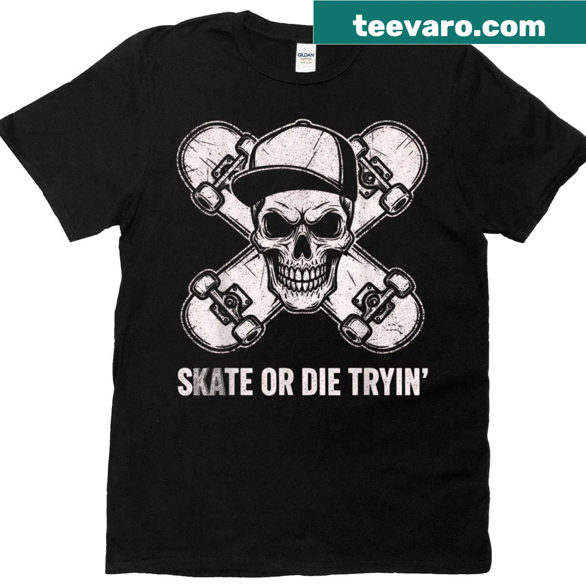 Edgy skull skateboard design on a Halloween-themed t-shirt. — on a men's t-shirt