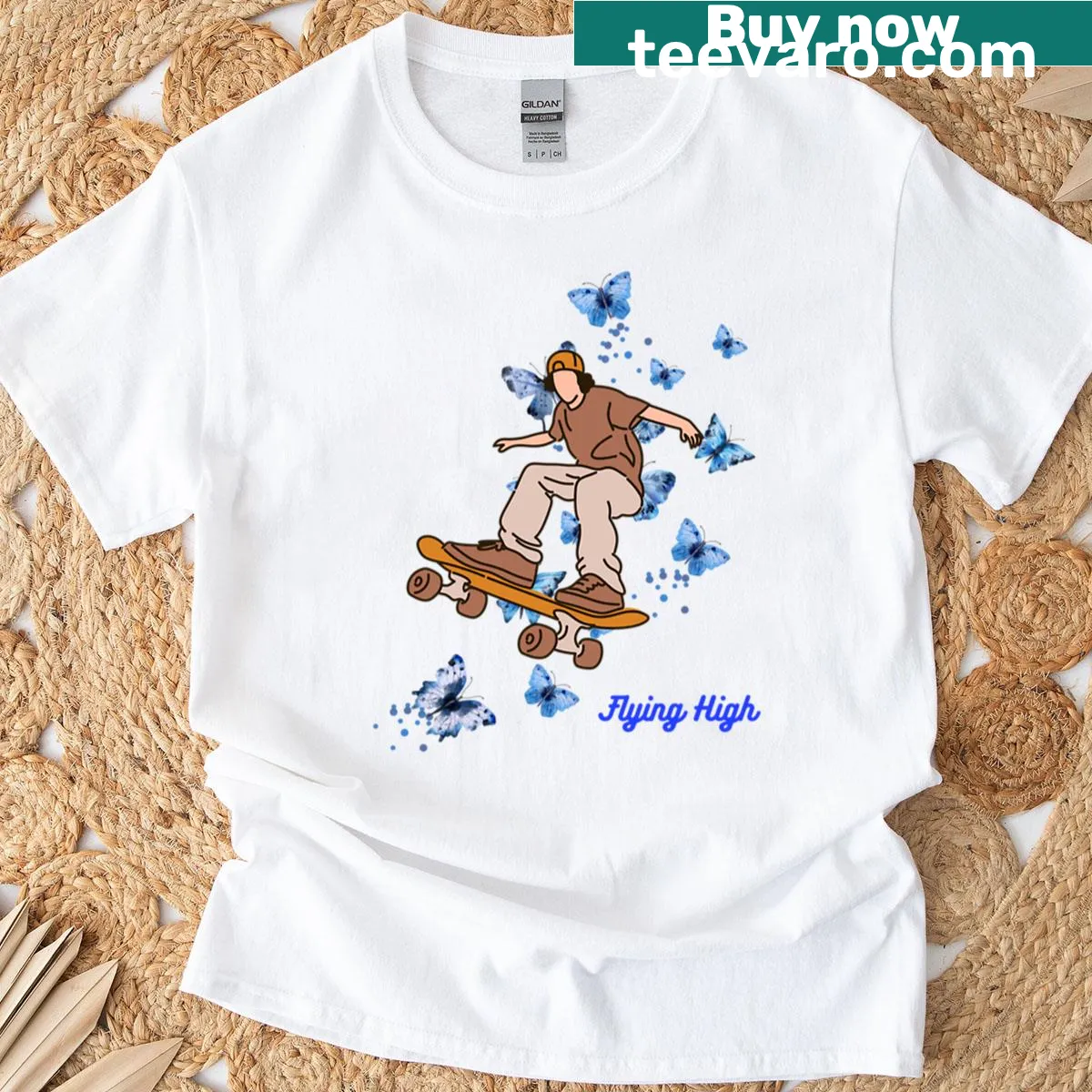 Skateboarder T-shirt featuring butterflies and a dynamic design — on a men's t-shirt
