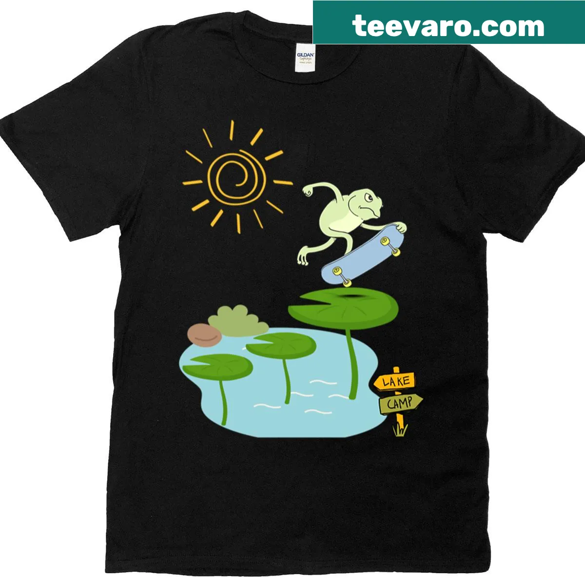 Funny T-shirt featuring a cartoon frog skateboarding — on a men's t-shirt