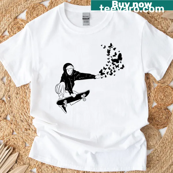 Illustrative Skateboards and Butterflies graphic on a t-shirt