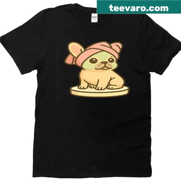 Illustrated t-shirt featuring a French bulldog in a skincare setting