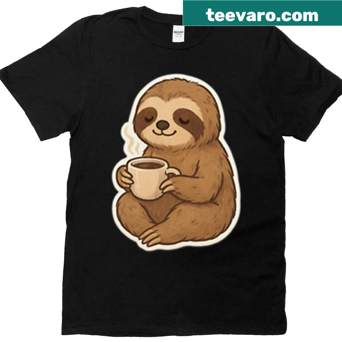 T-shirt featuring a sloth drinking coffee — on a men's t-shirt