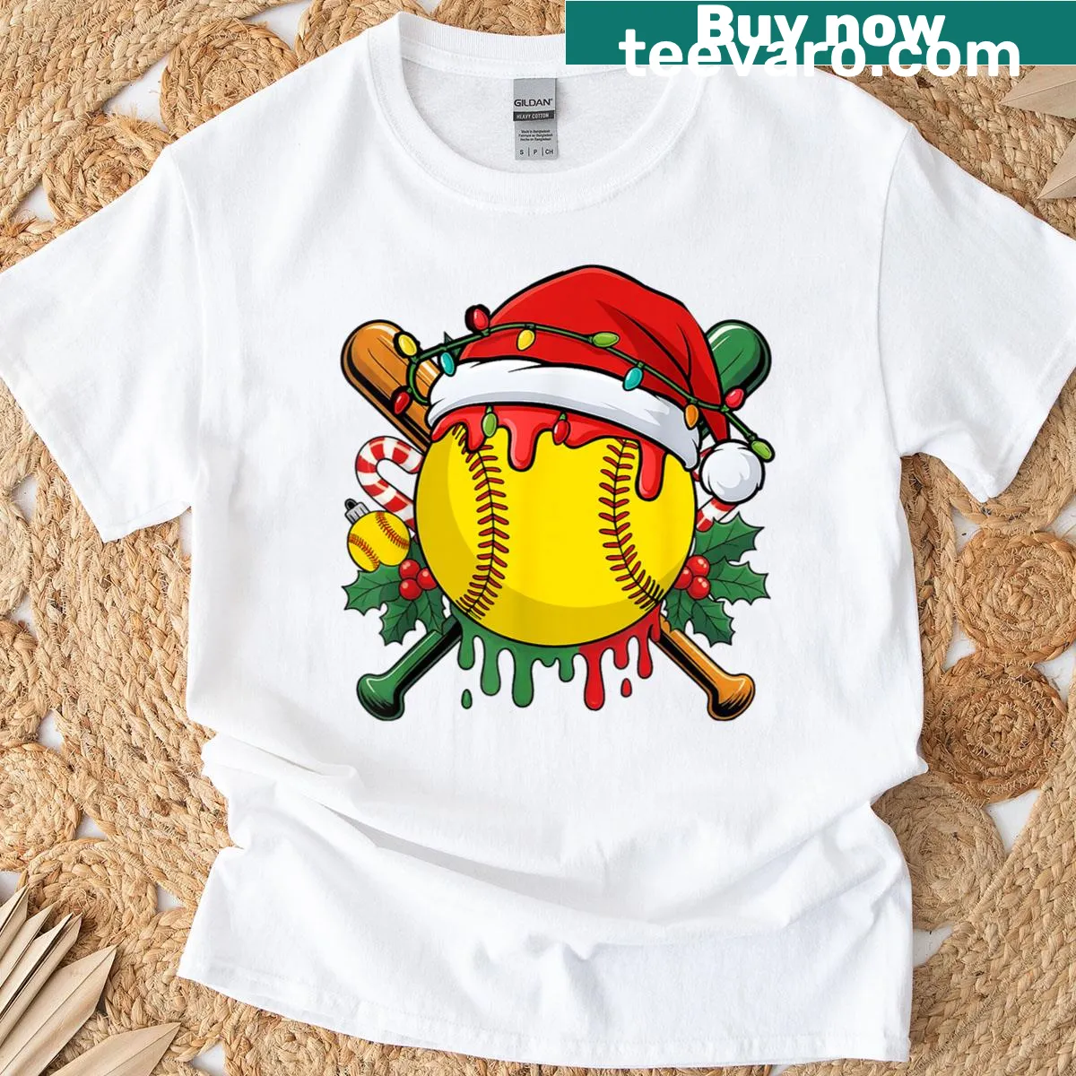 Softball with Santa hat and Christmas lights illustration — on a men's t-shirt