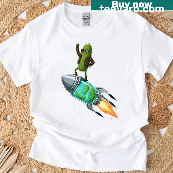 Playful space pickle riding design on a t-shirt