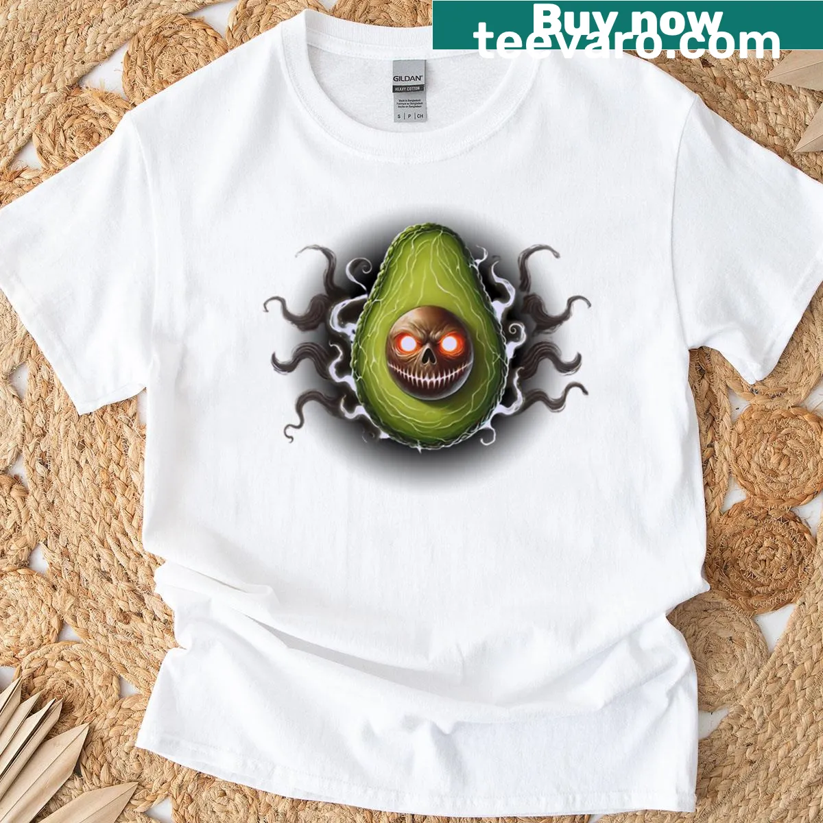 Cartoon spooky avocado graphic on a t-shirt — on a men's t-shirt