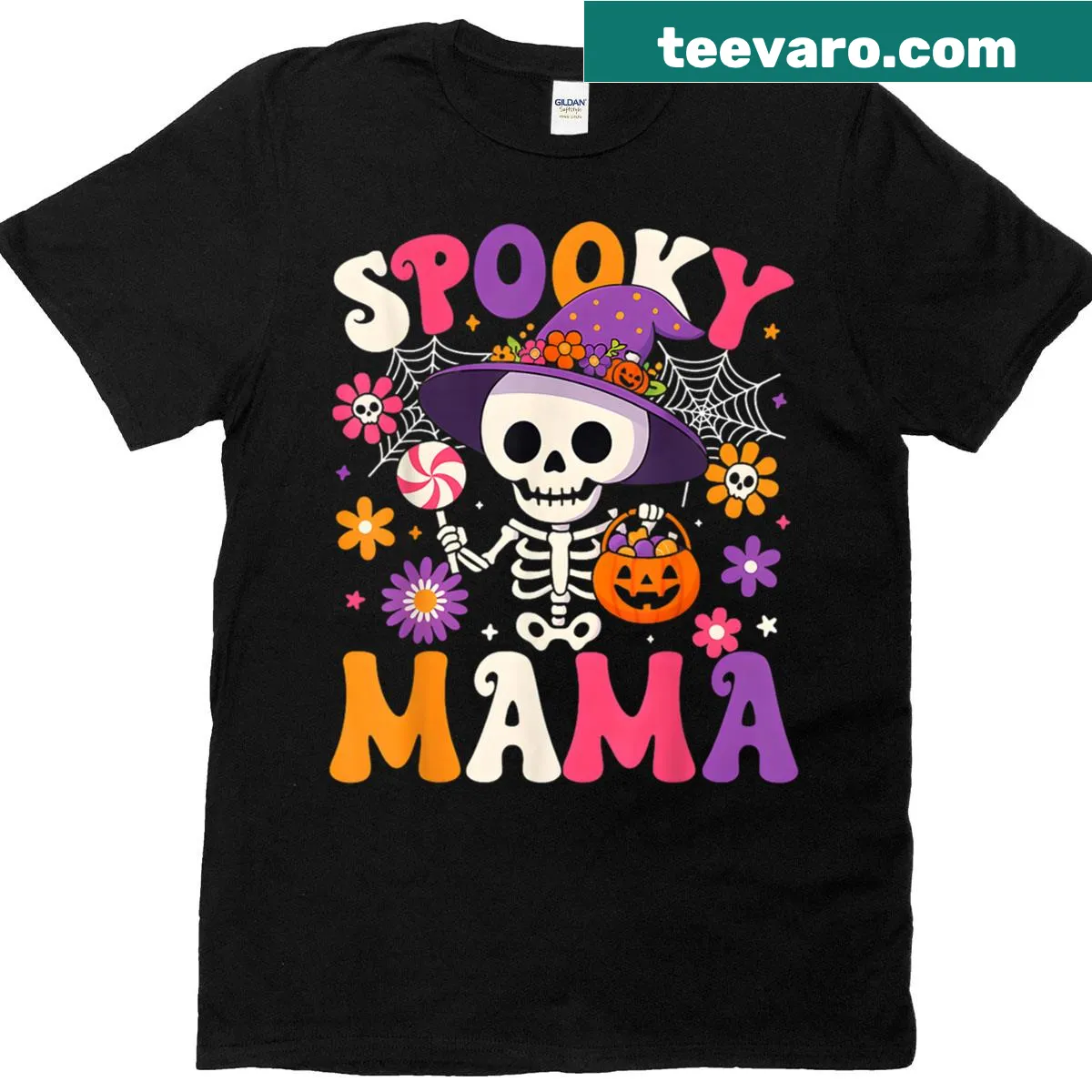 Halloween T-shirt with a skeleton mama and pumpkins design — on a men's t-shirt