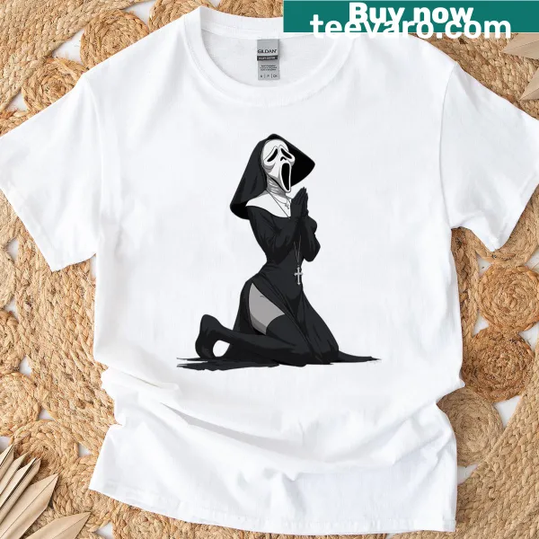 Cute t-shirt featuring a cartoon spooky nun design
