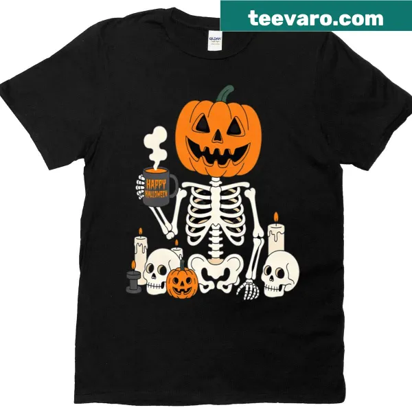 Kids' Halloween t-shirt featuring a Jack O' Lantern and skeleton design