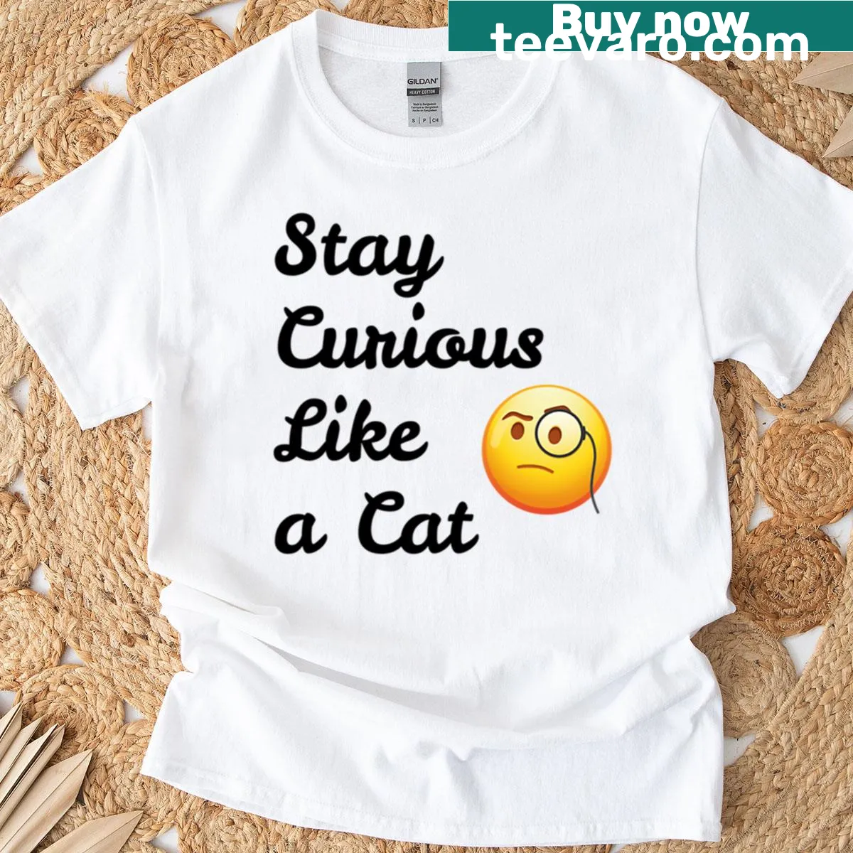 Inspirational quote about curiosity with cat graphics on a t-shirt — on a men's t-shirt