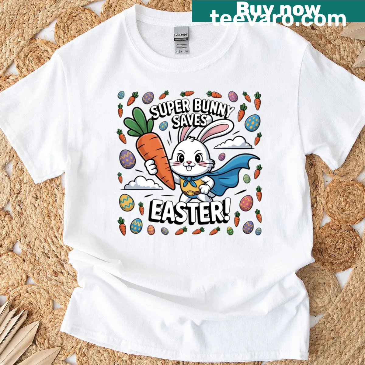 Cartoon of a heroic bunny celebrating Easter on a t-shirt — on a men's t-shirt