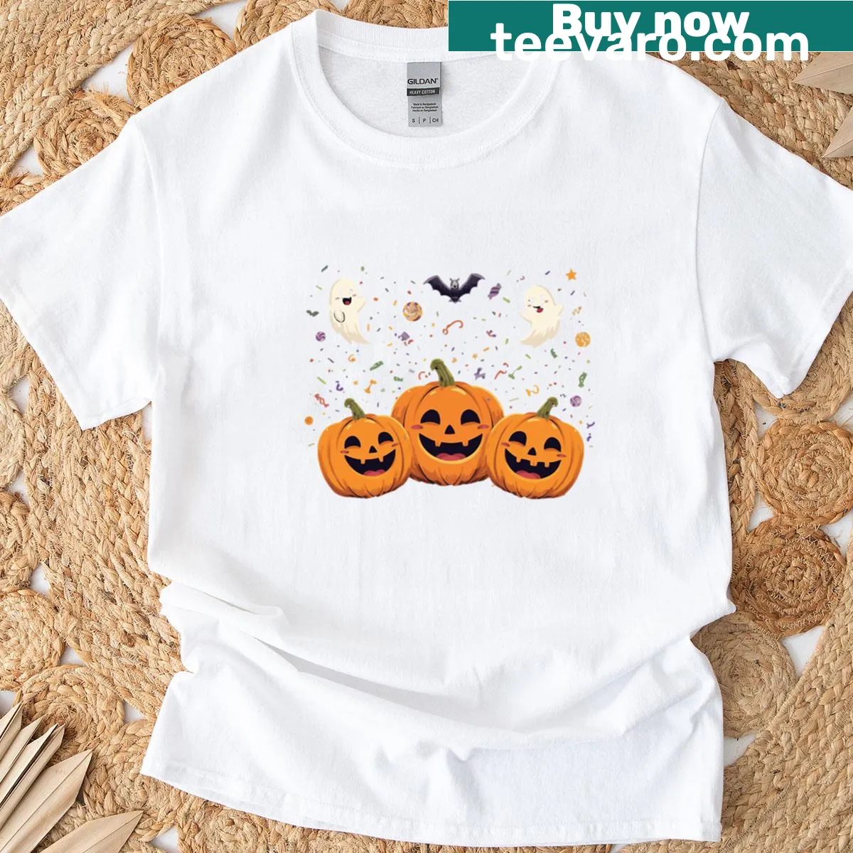 Cute pumpkin characters with smiles in an autumn-themed design — on a men's t-shirt