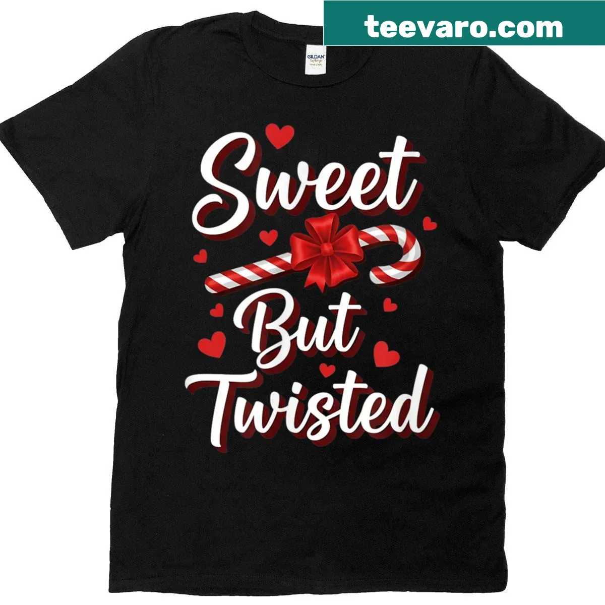 Funny Christmas t-shirt featuring a candy cane design. — on a men's t-shirt