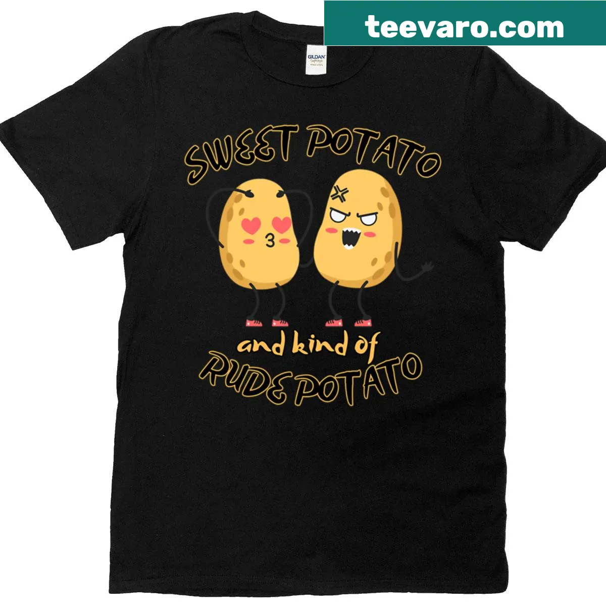 Funny couple t-shirt featuring 'Sweet Potato and Kind of Rude Potato' text design — on a men's t-shirt