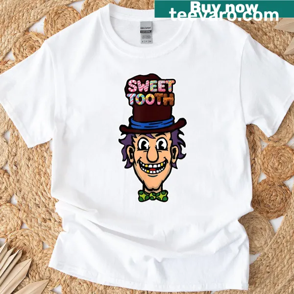 Cartoon character with candies on a Sweet Tooth T-shirt