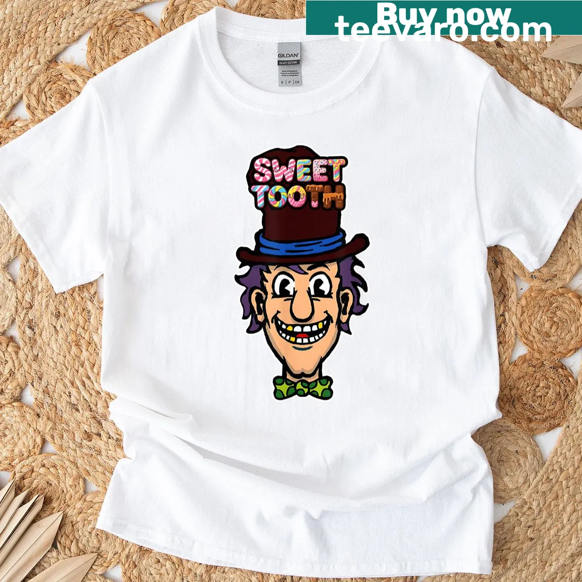 Cartoon character with candies on a Sweet Tooth T-shirt — on a men's t-shirt