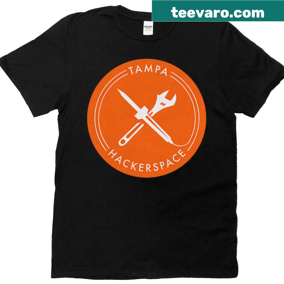 T-shirt featuring the Tampa Hackerspace emblem design. — on a men's t-shirt